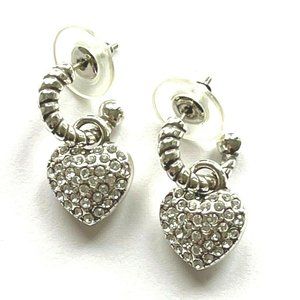 Silver Plated CZ Puffed Heart Drop Hoop Earrings